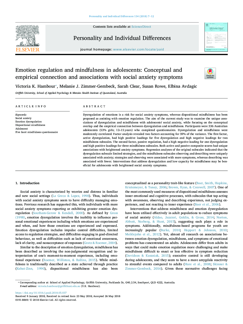 Emotion regulation and mindfulness in adolescents: Conceptual and empirical connection and associations with social anxiety symptoms