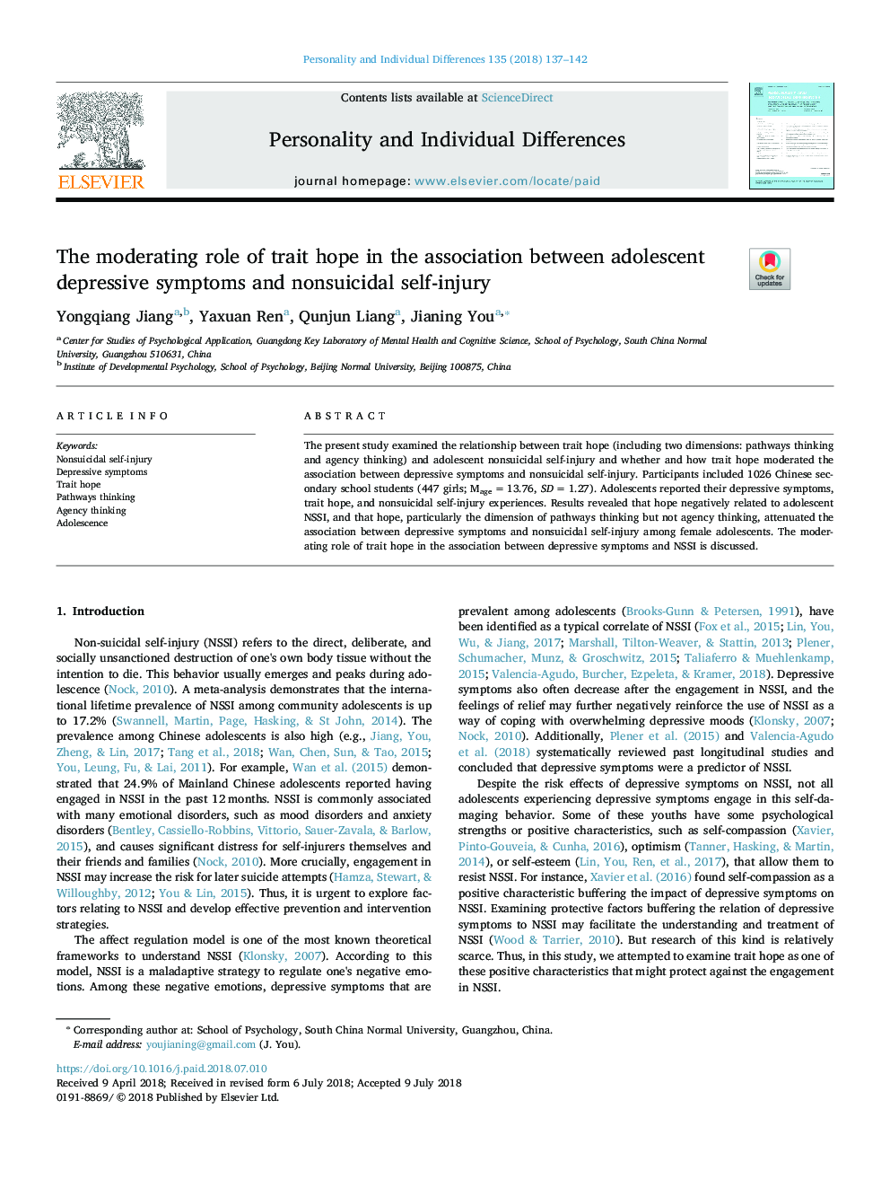 The moderating role of trait hope in the association between adolescent depressive symptoms and nonsuicidal self-injury