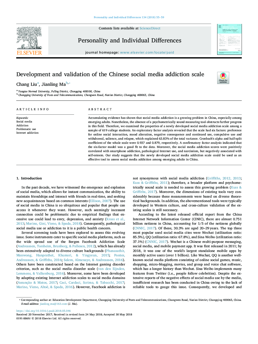 Development and validation of the Chinese social media addiction scale