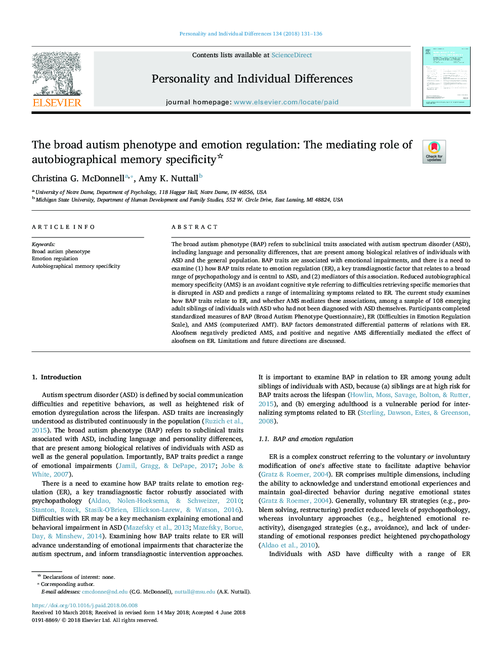 The broad autism phenotype and emotion regulation: The mediating role of autobiographical memory specificity