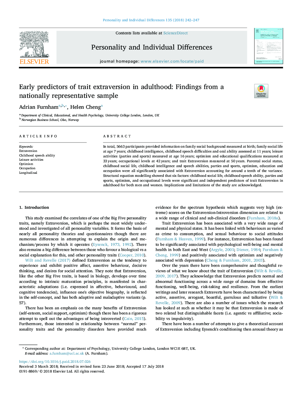 Early predictors of trait extraversion in adulthood: Findings from a nationally representative sample