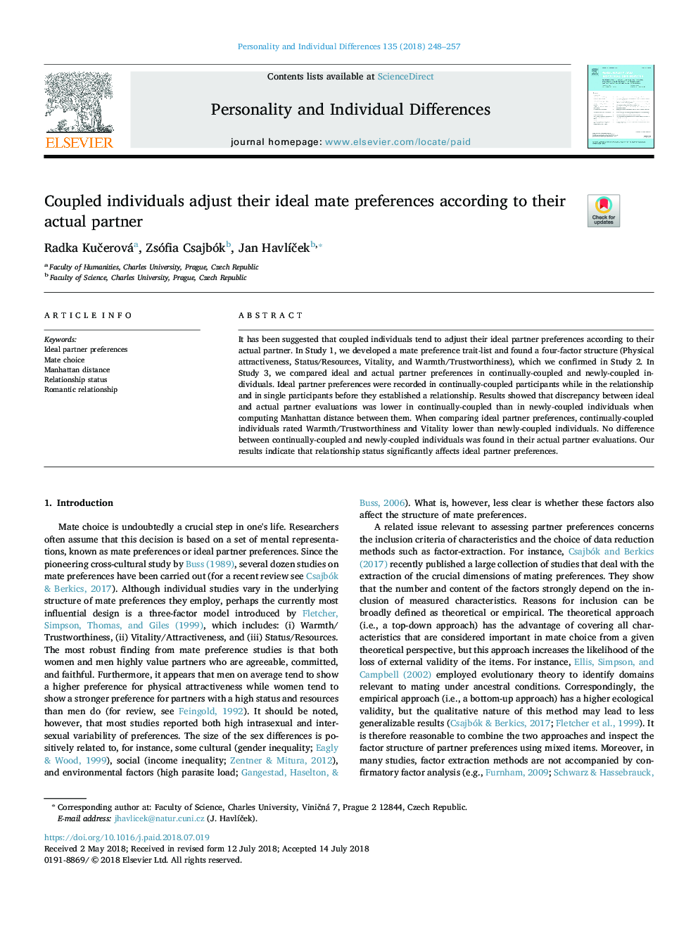 Coupled individuals adjust their ideal mate preferences according to their actual partner