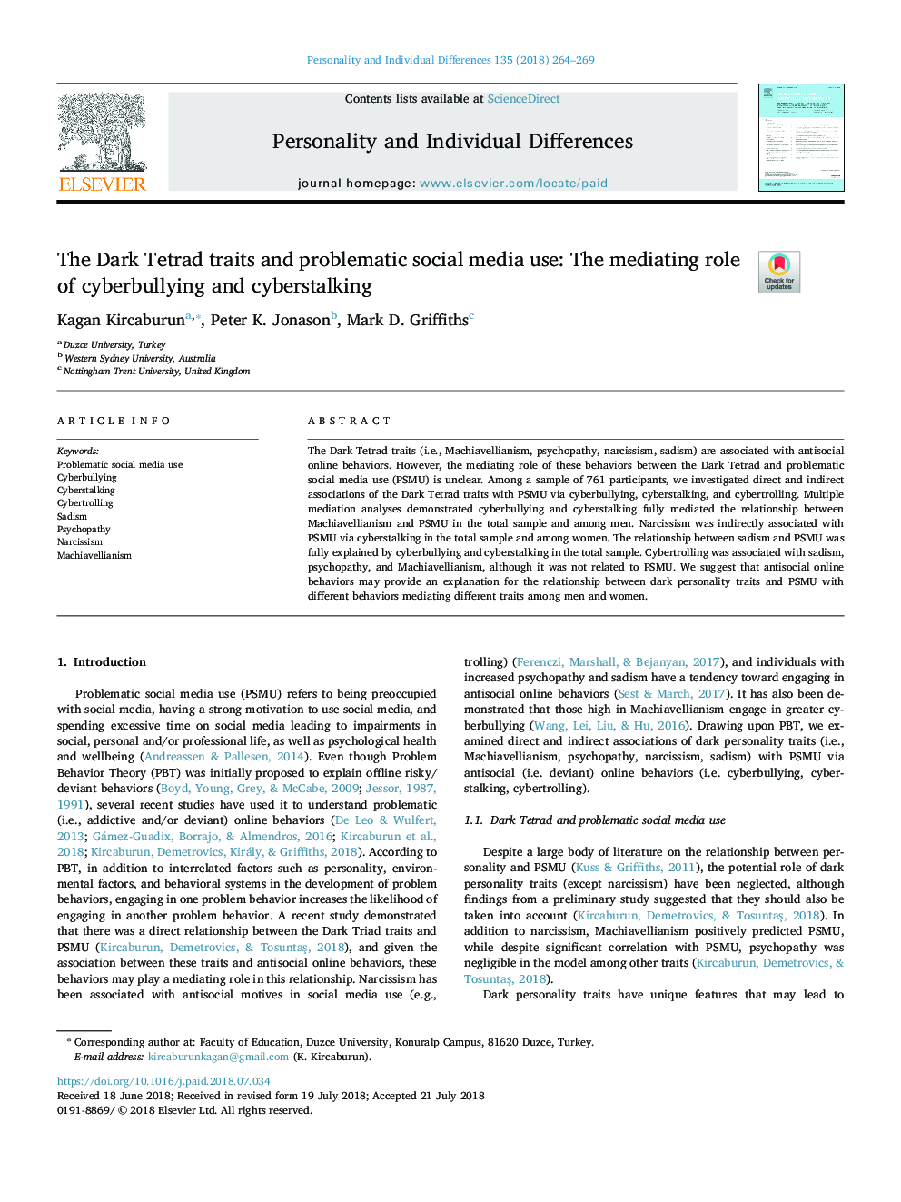 The Dark Tetrad traits and problematic social media use: The mediating role of cyberbullying and cyberstalking