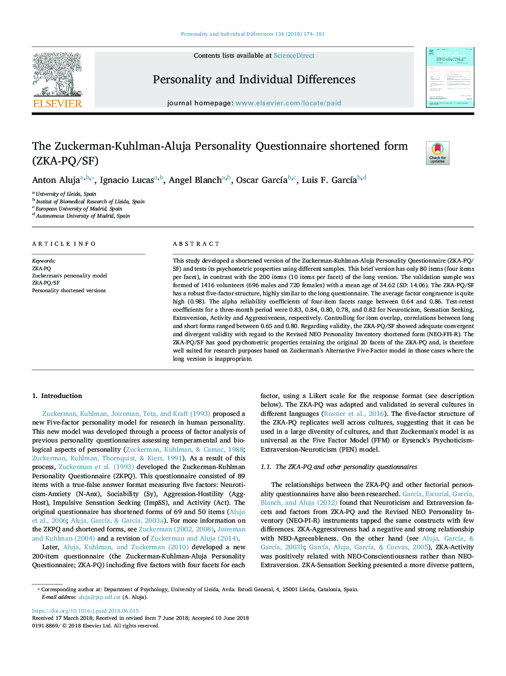 The Zuckerman-Kuhlman-Aluja Personality Questionnaire shortened form (ZKA-PQ/SF)