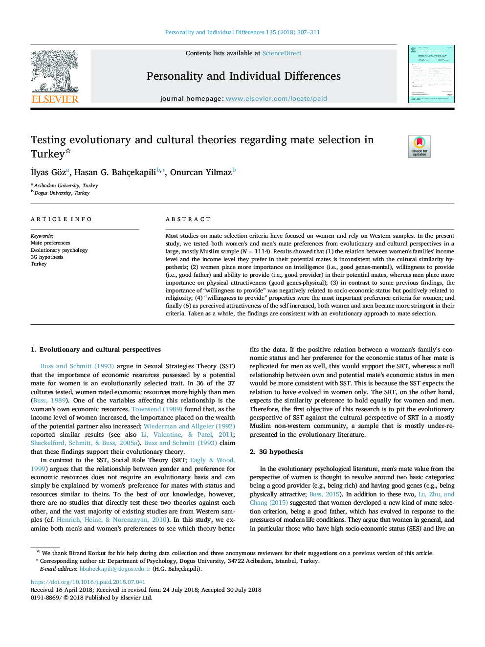 Testing evolutionary and cultural theories regarding mate selection in Turkey