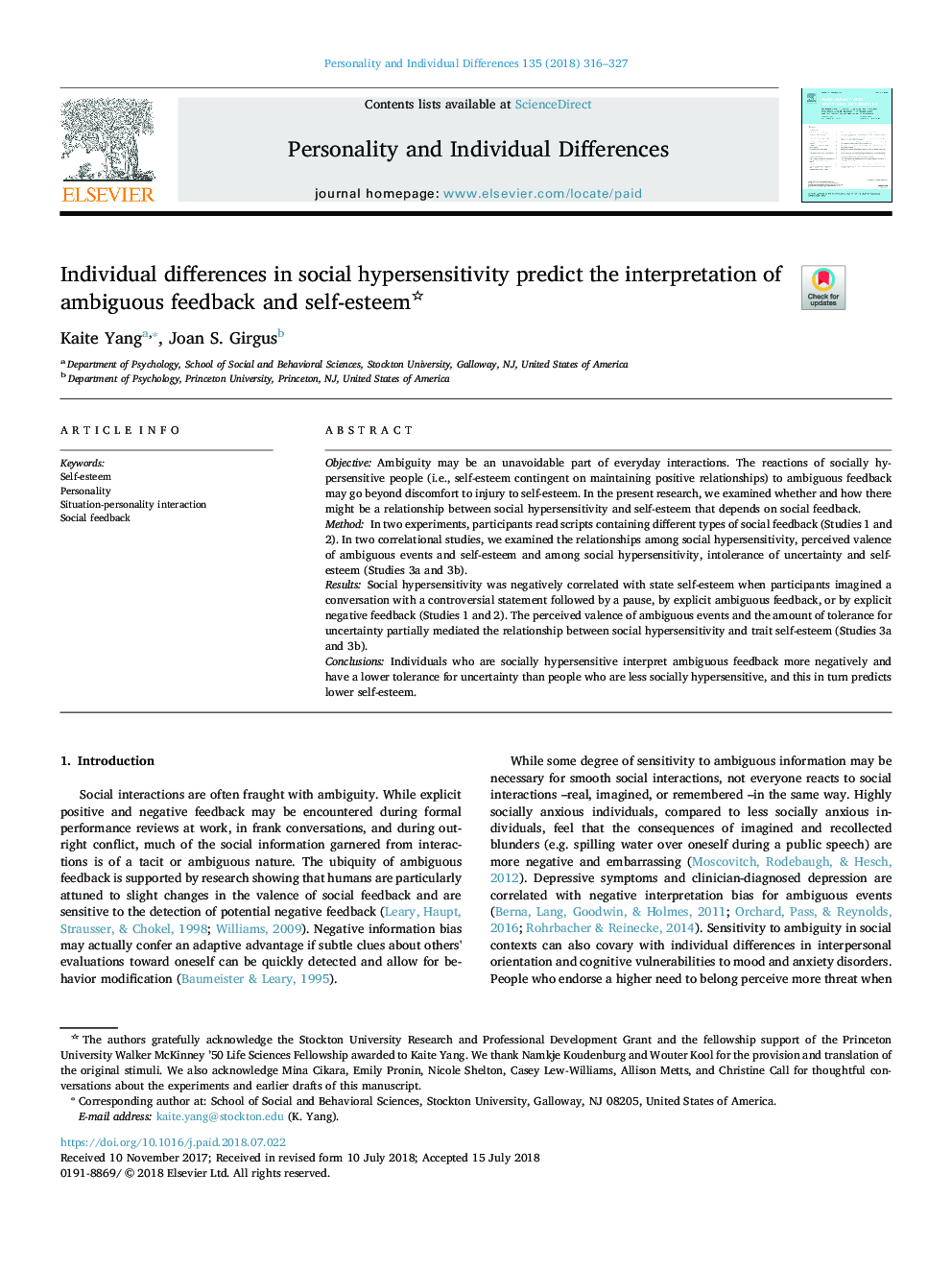 Individual differences in social hypersensitivity predict the interpretation of ambiguous feedback and self-esteem