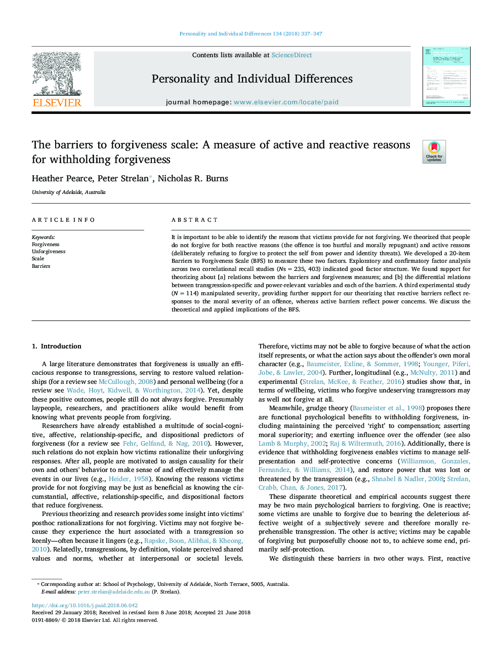 The barriers to forgiveness scale: A measure of active and reactive reasons for withholding forgiveness