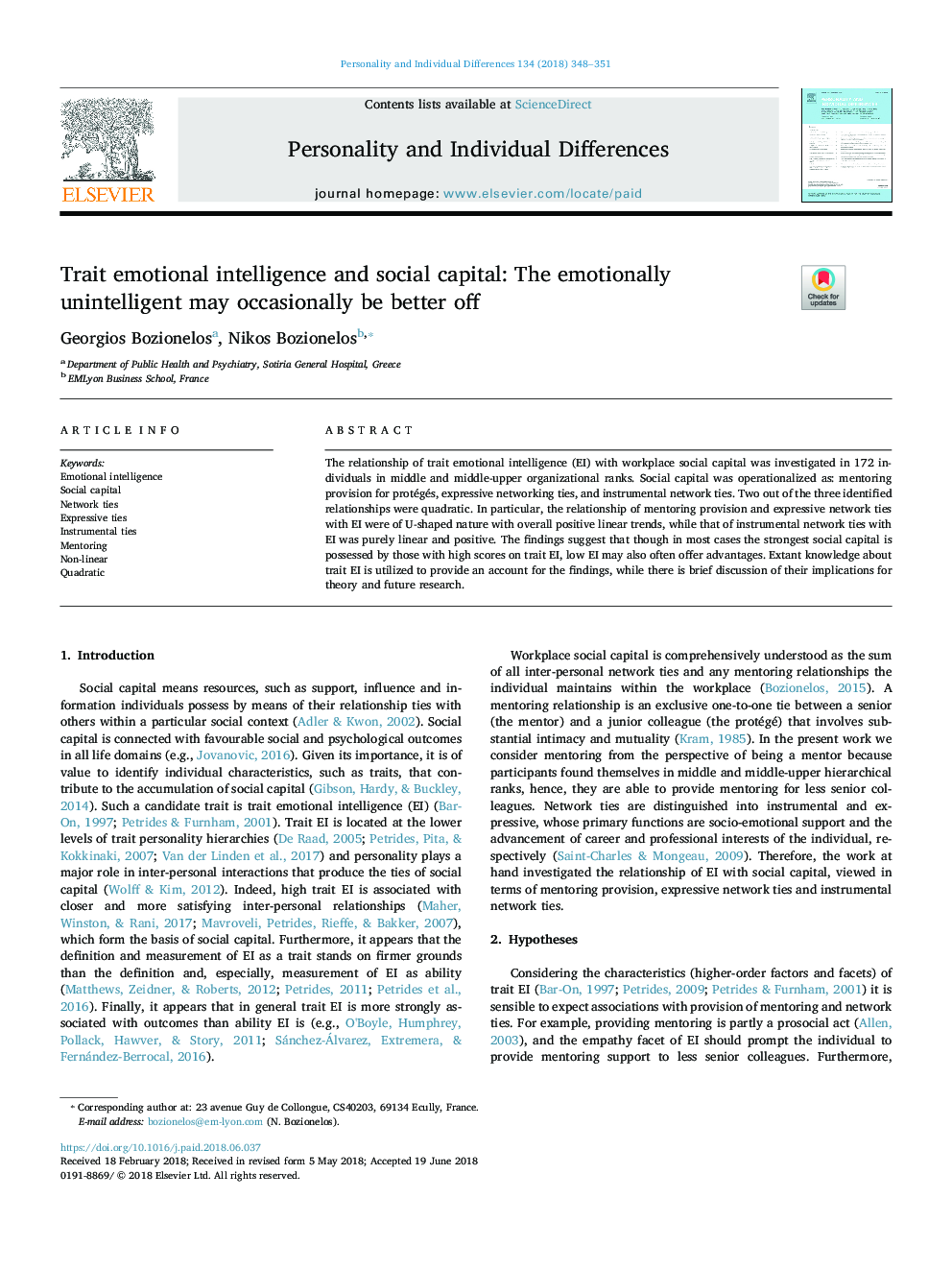 Trait emotional intelligence and social capital: The emotionally unintelligent may occasionally be better off