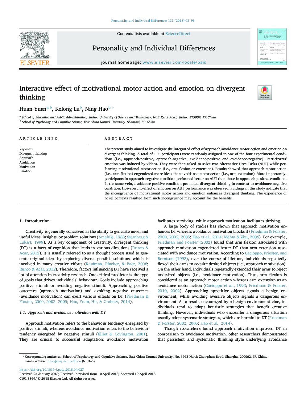 Interactive effect of motivational motor action and emotion on divergent thinking