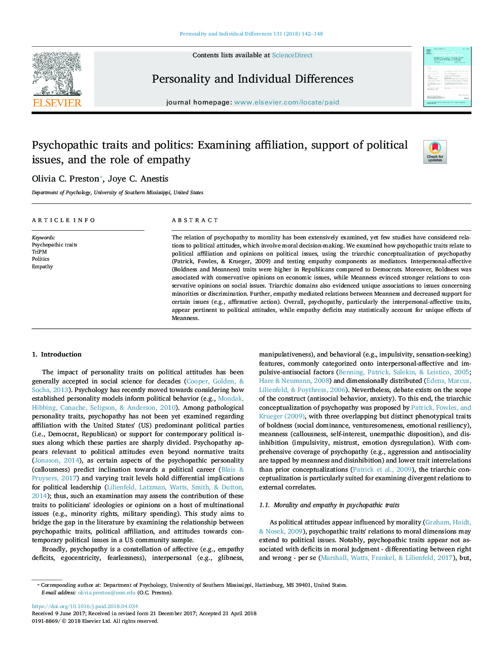 Psychopathic traits and politics: Examining affiliation, support of political issues, and the role of empathy