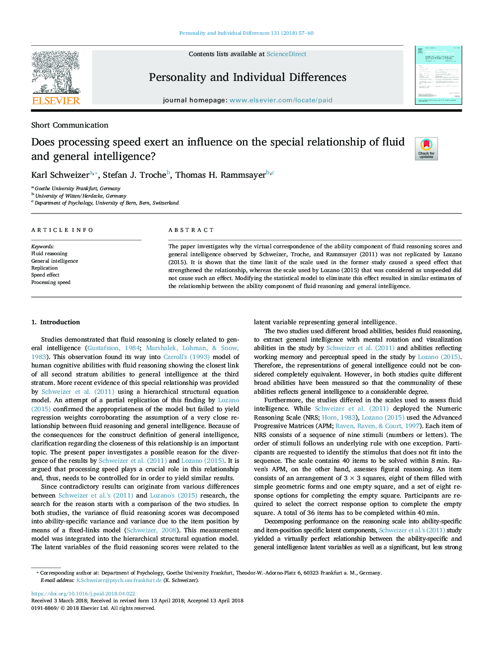 Does processing speed exert an influence on the special relationship of fluid and general intelligence?