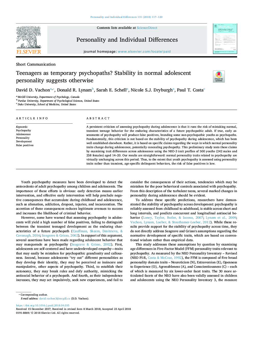 Teenagers as temporary psychopaths? Stability in normal adolescent personality suggests otherwise