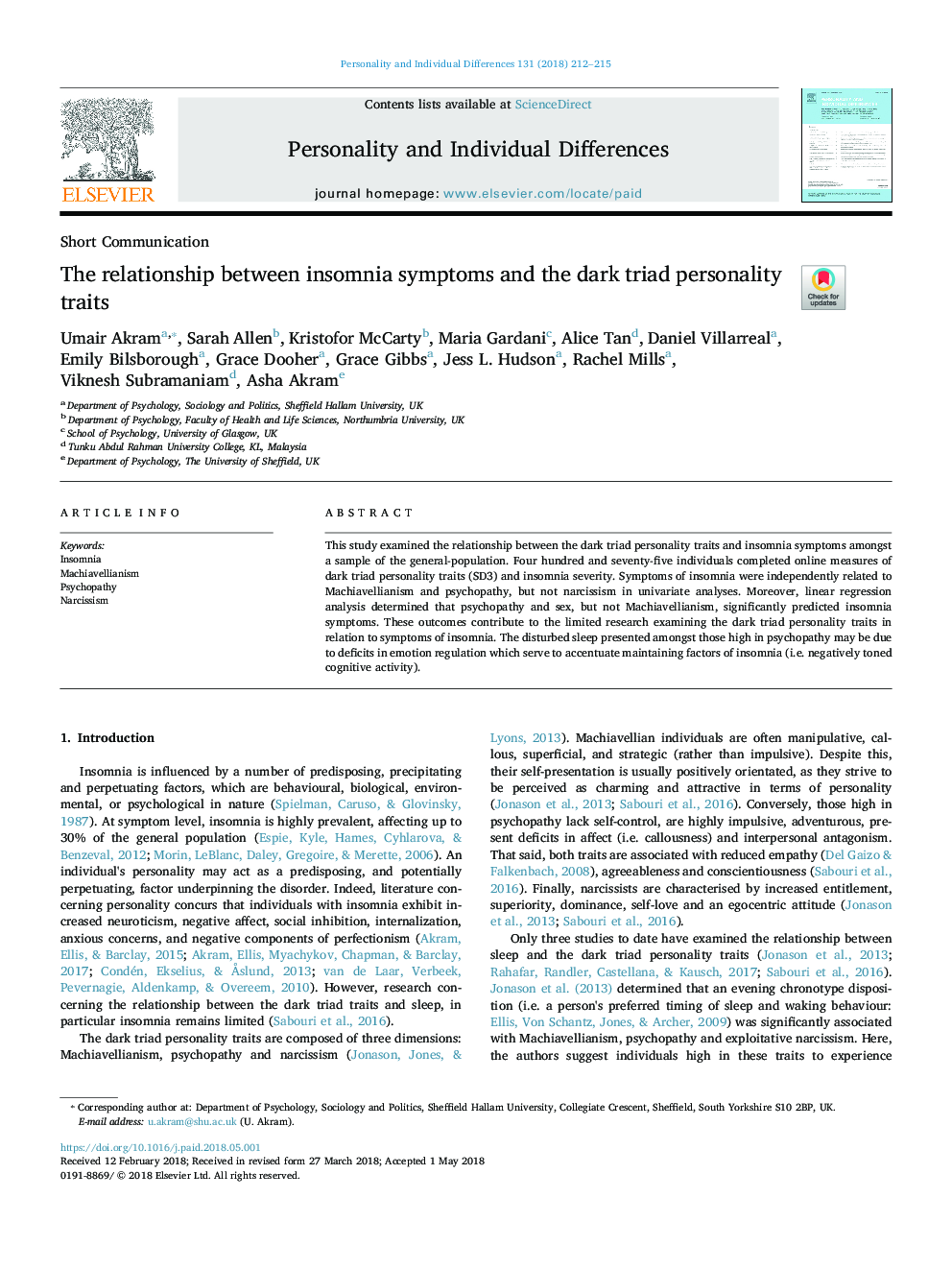 The relationship between insomnia symptoms and the dark triad personality traits