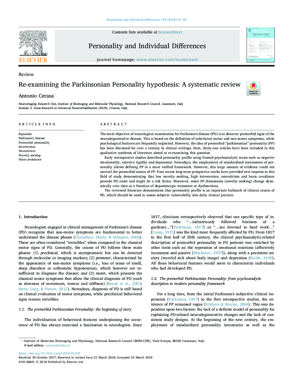 Re-examining the Parkinsonian Personality hypothesis: A systematic review