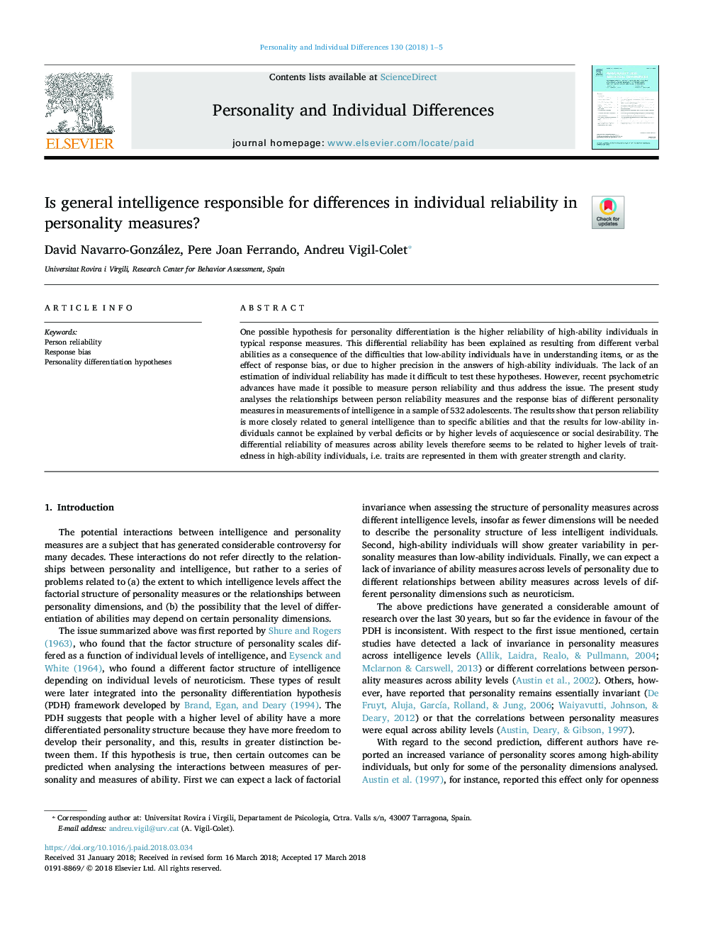 Is general intelligence responsible for differences in individual reliability in personality measures?