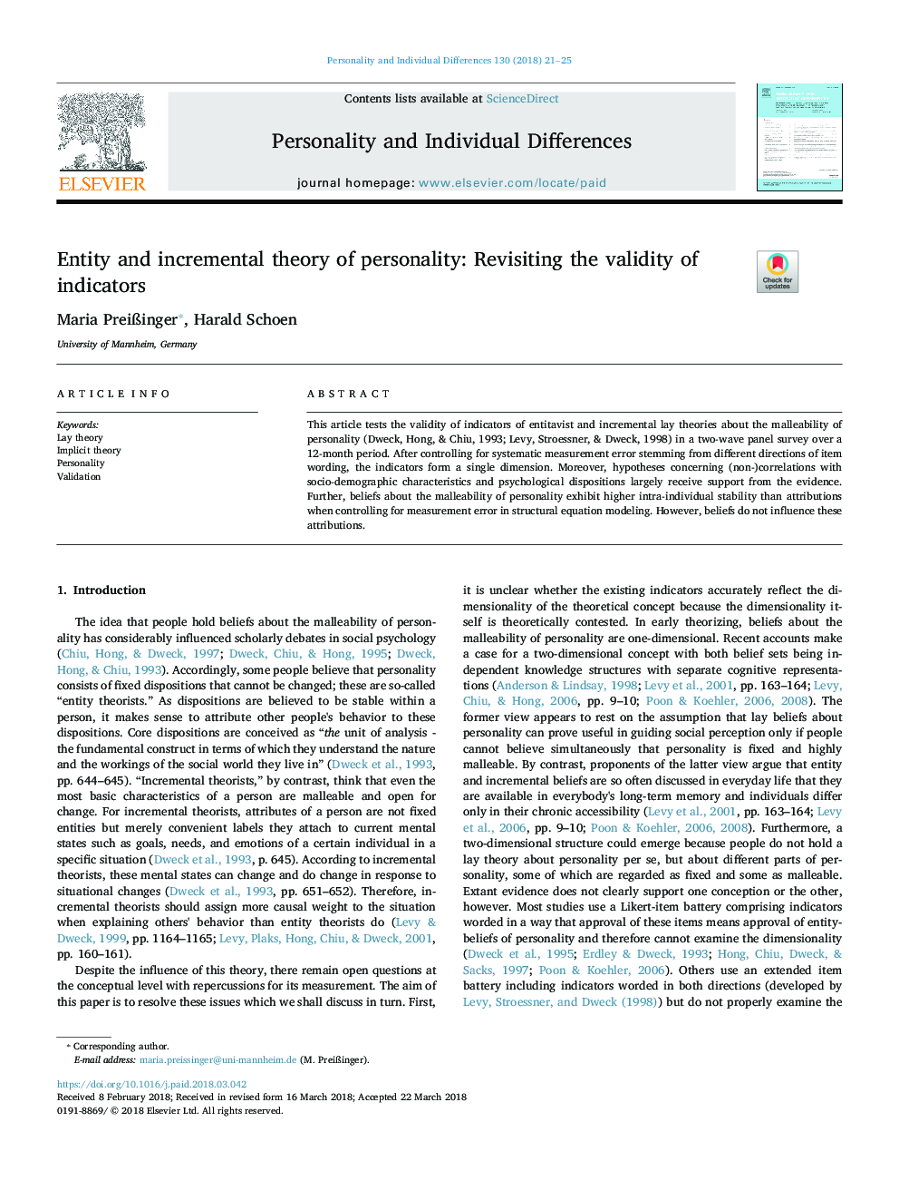 Entity and incremental theory of personality: Revisiting the validity of indicators