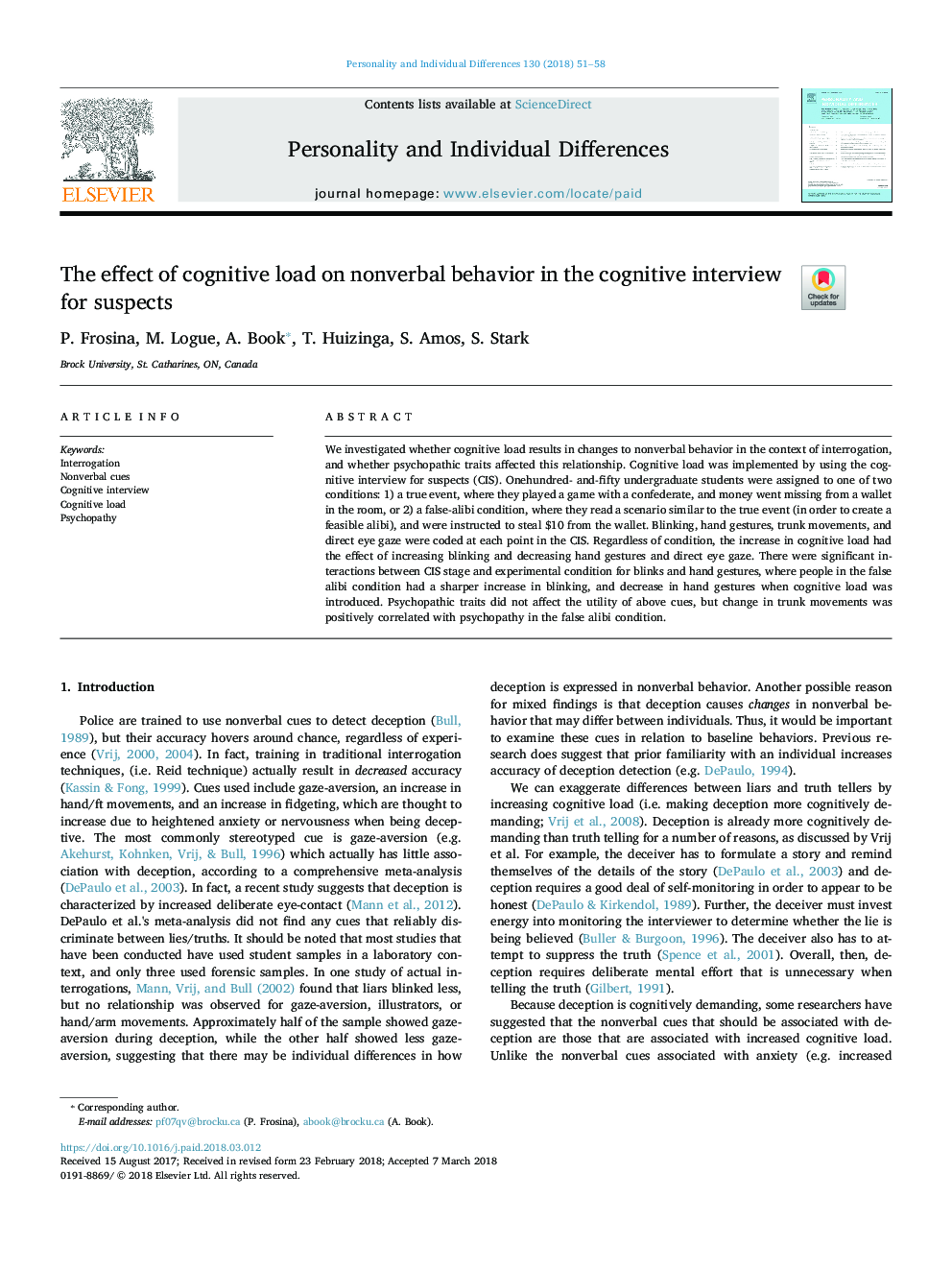 The effect of cognitive load on nonverbal behavior in the cognitive interview for suspects