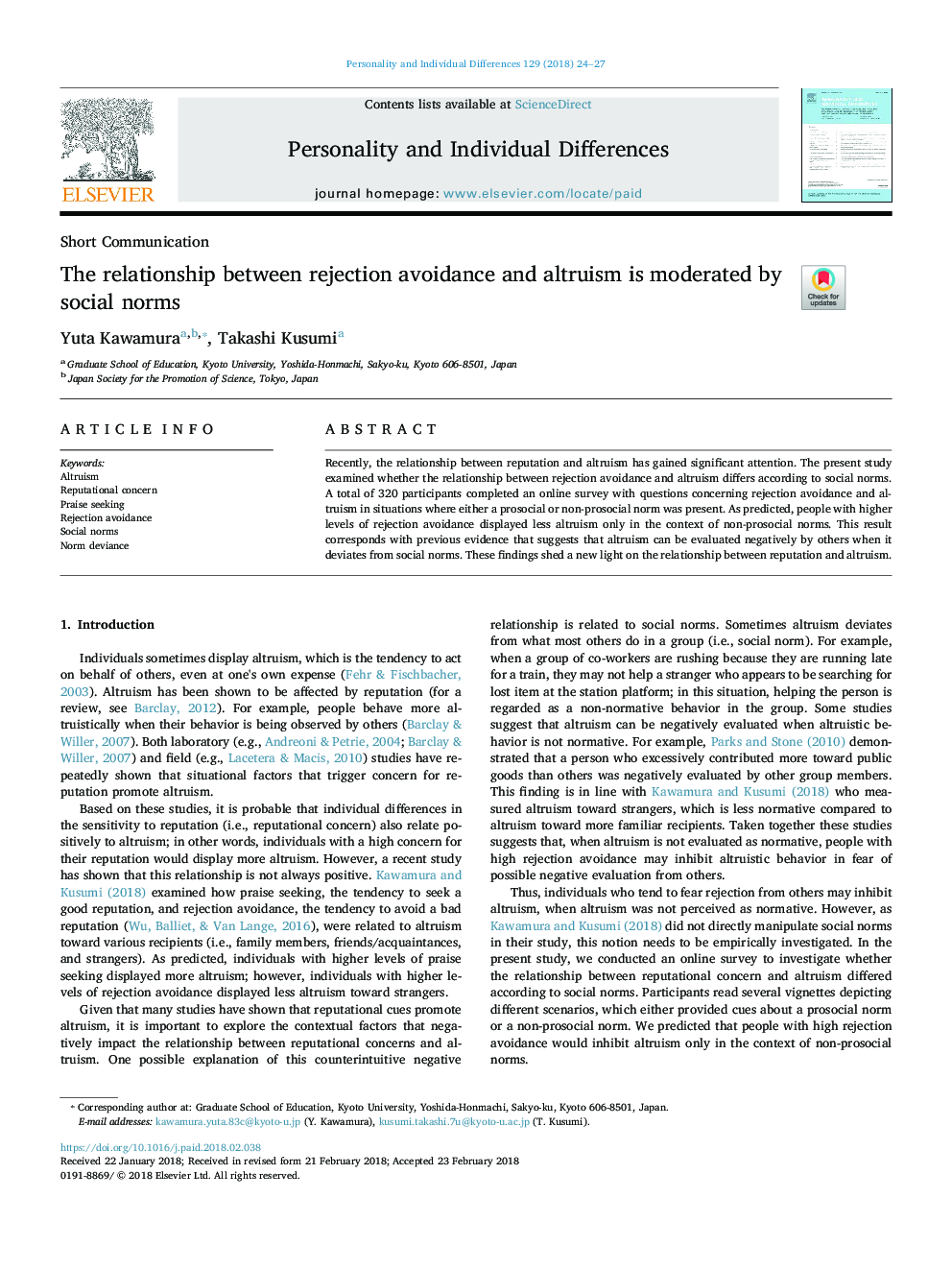 The relationship between rejection avoidance and altruism is moderated by social norms