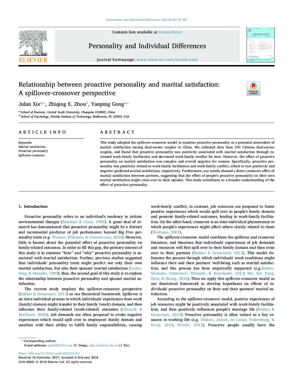 Relationship between proactive personality and marital satisfaction: A spillover-crossover perspective