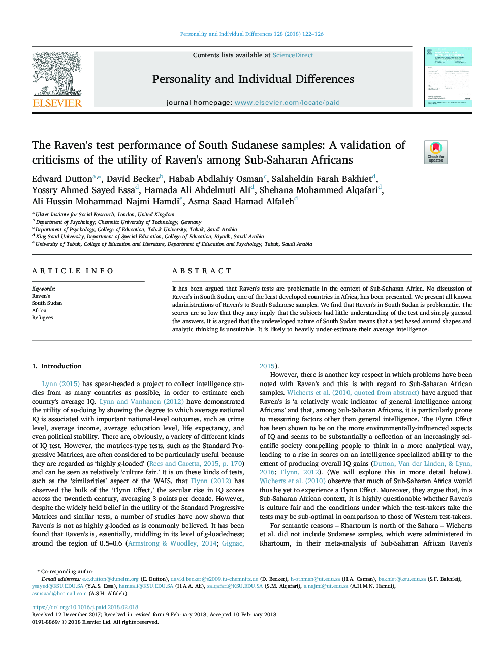 The Raven's test performance of South Sudanese samples: A validation of criticisms of the utility of Raven's among Sub-Saharan Africans