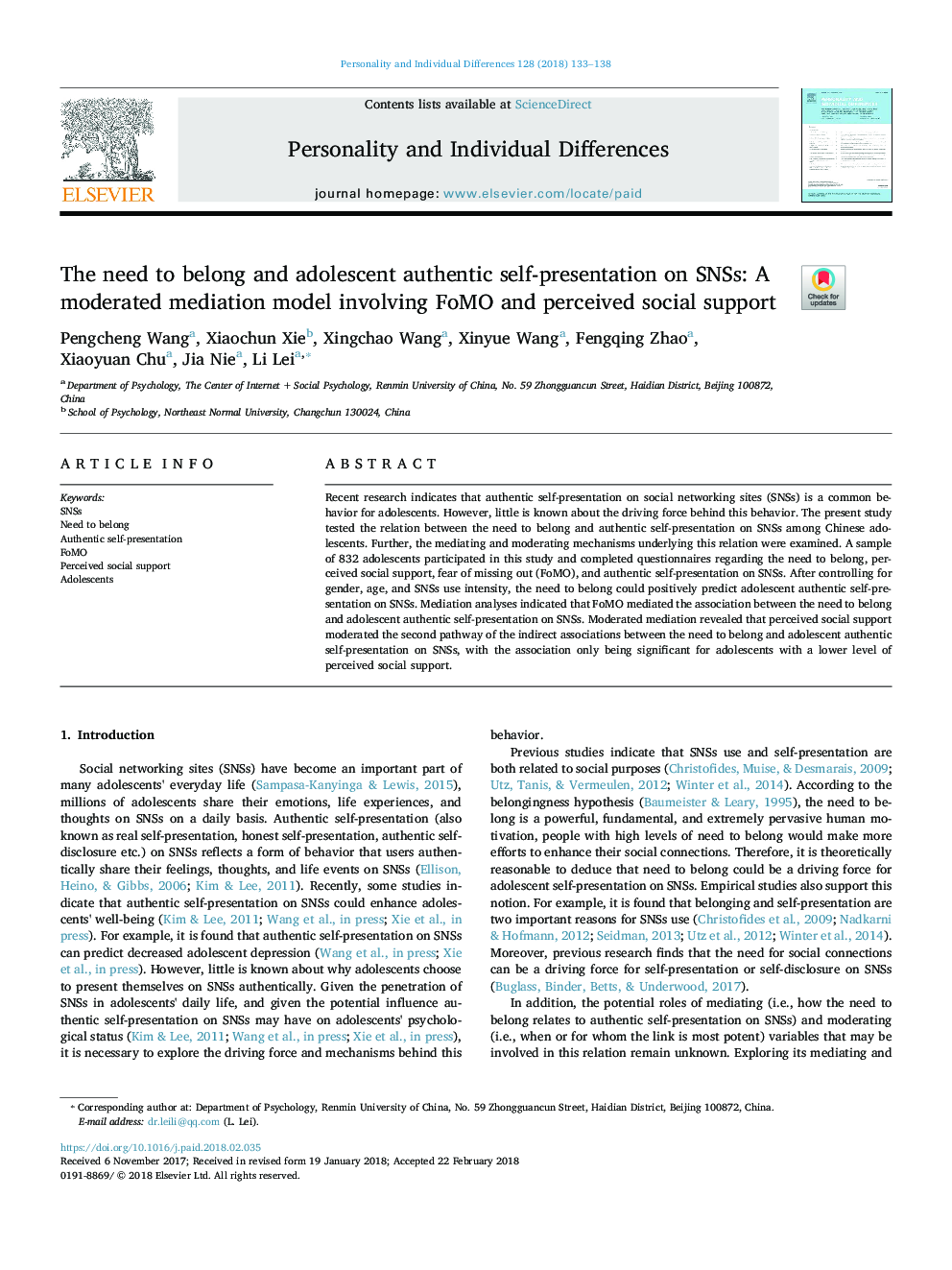 The need to belong and adolescent authentic self-presentation on SNSs: A moderated mediation model involving FoMO and perceived social support