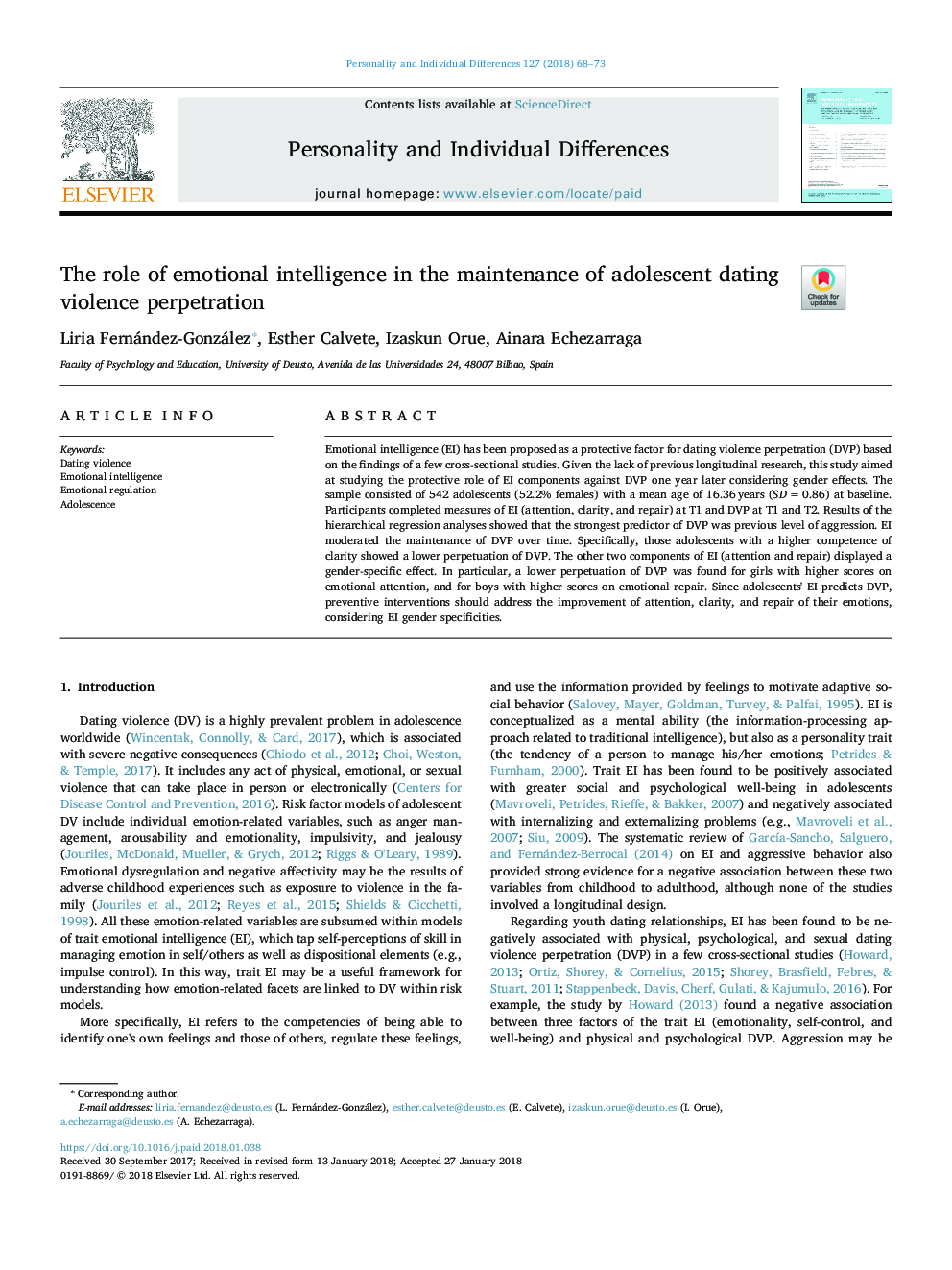 The role of emotional intelligence in the maintenance of adolescent dating violence perpetration