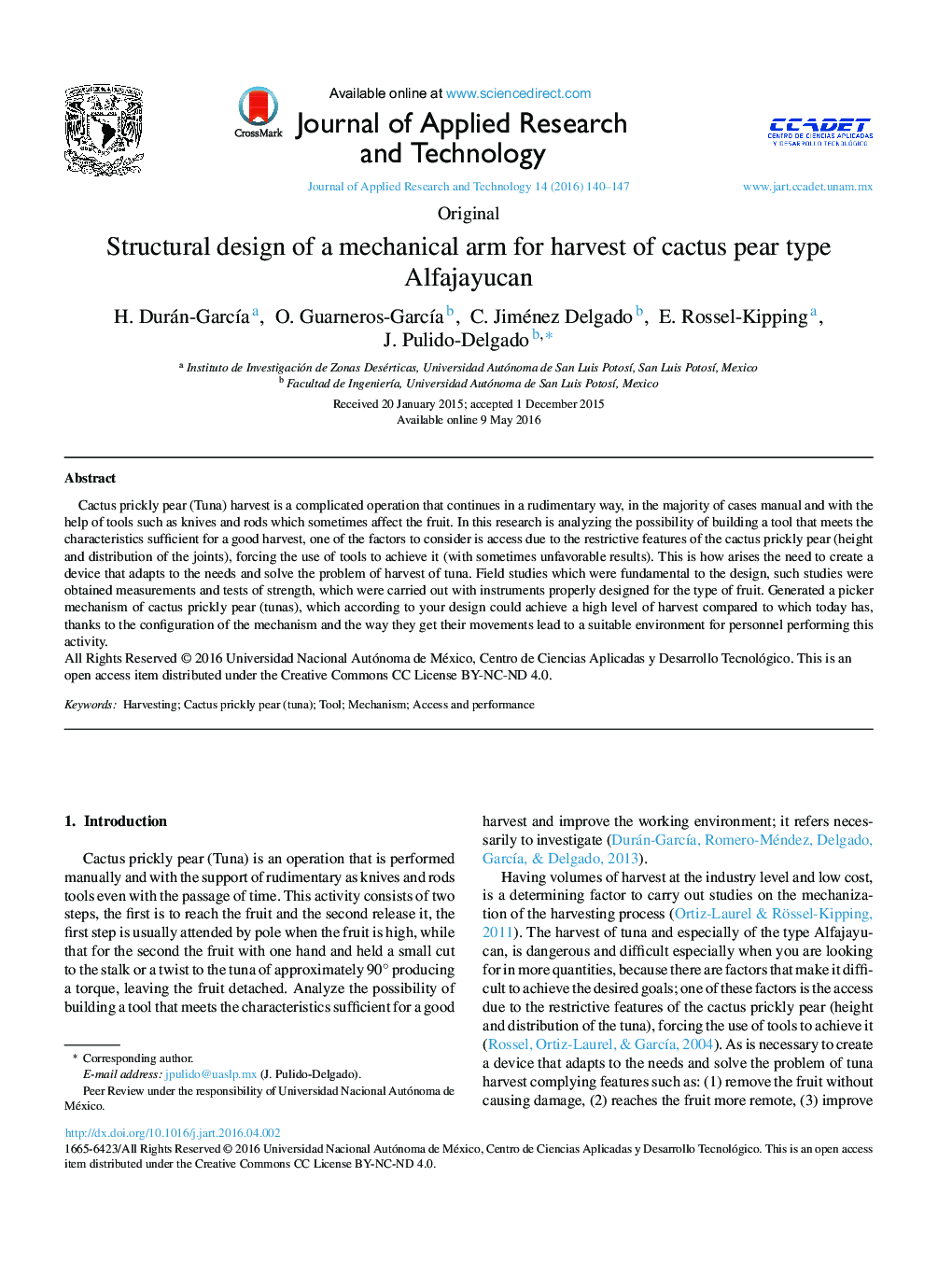 Structural design of a mechanical arm for harvest of cactus pear type Alfajayucan 