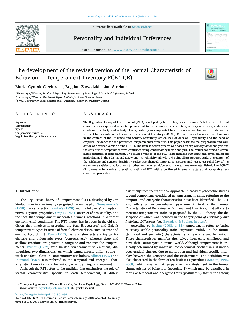 The development of the revised version of the Formal Characteristic of Behaviour - Temperament Inventory FCB-TI(R)