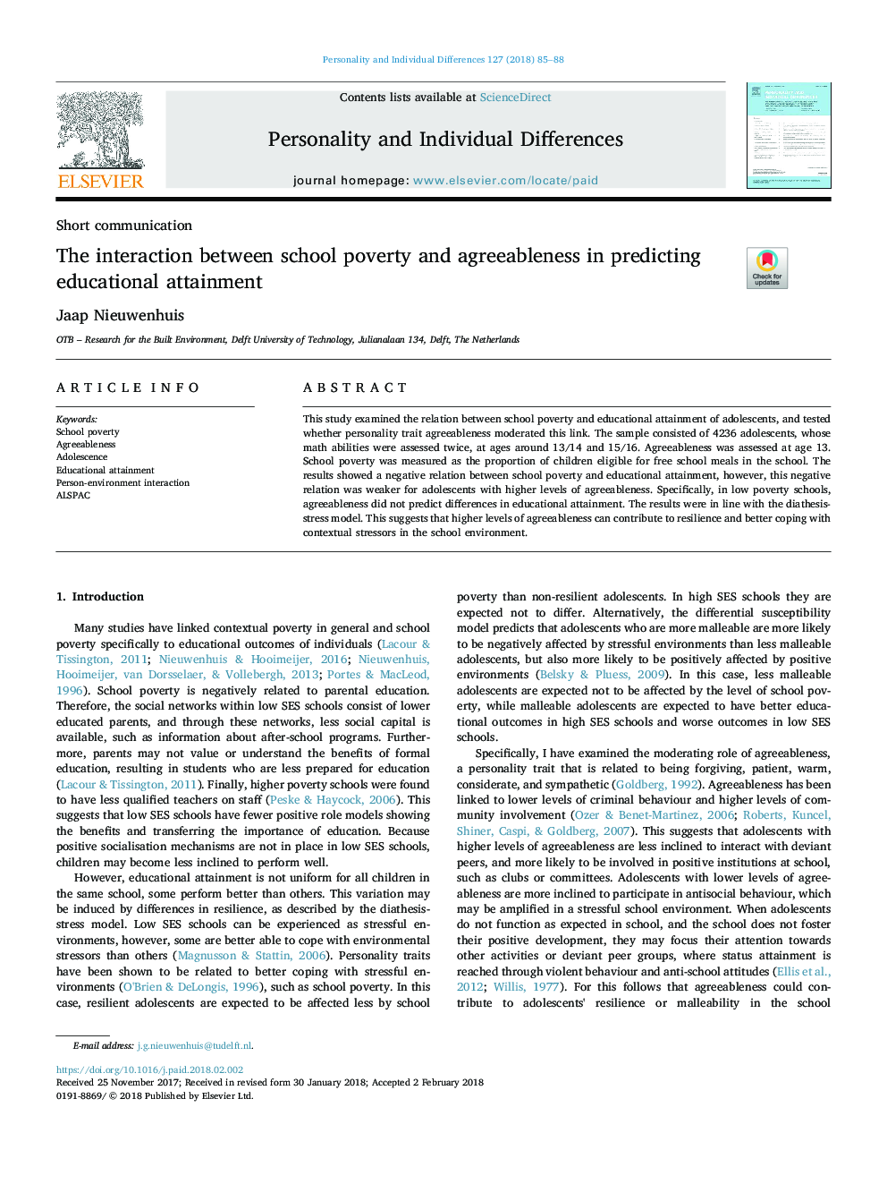 The interaction between school poverty and agreeableness in predicting educational attainment