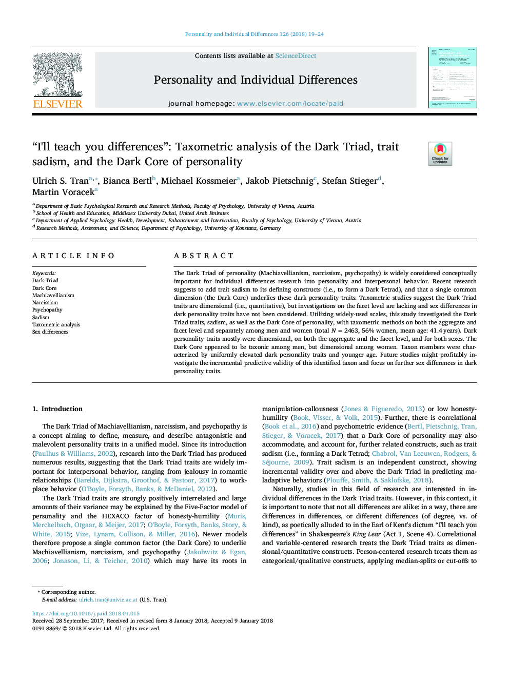 “I'll teach you differences”: Taxometric analysis of the Dark Triad, trait sadism, and the Dark Core of personality