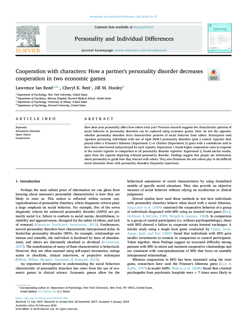 Cooperation with characters: How a partner's personality disorder decreases cooperation in two economic games