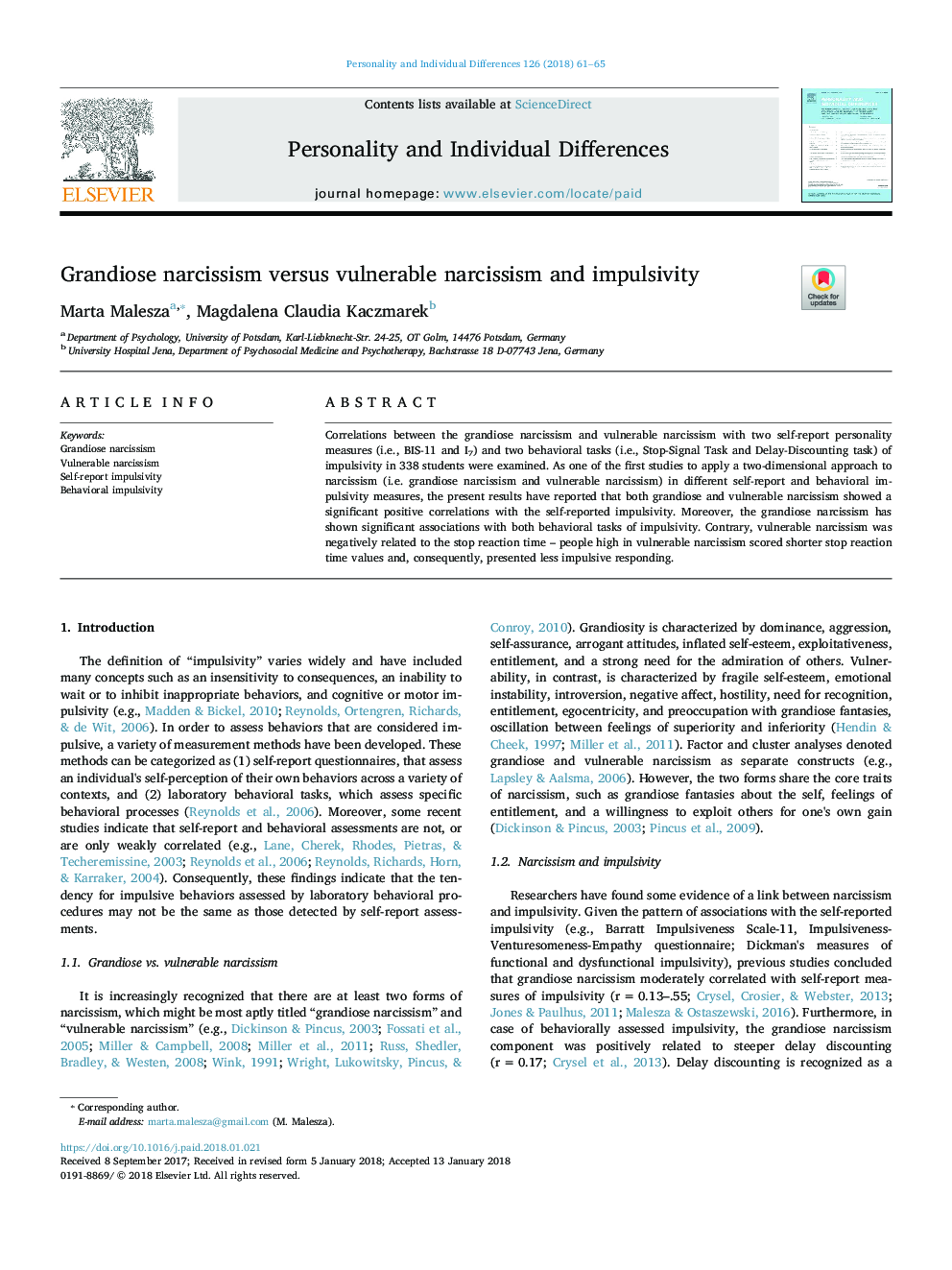 Grandiose narcissism versus vulnerable narcissism and impulsivity