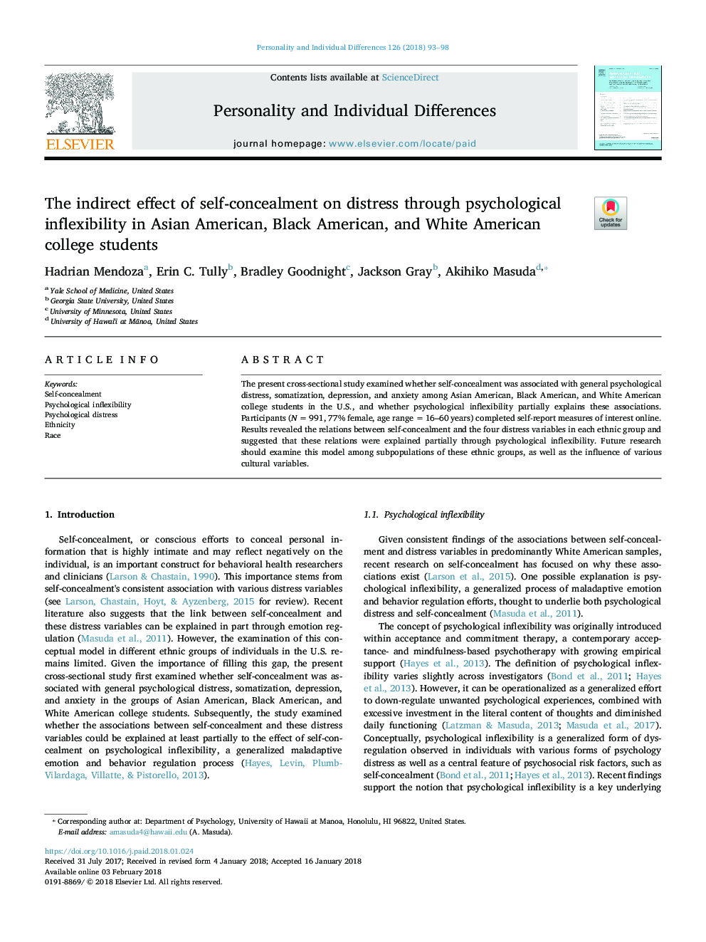 The indirect effect of self-concealment on distress through psychological inflexibility in Asian American, Black American, and White American college students