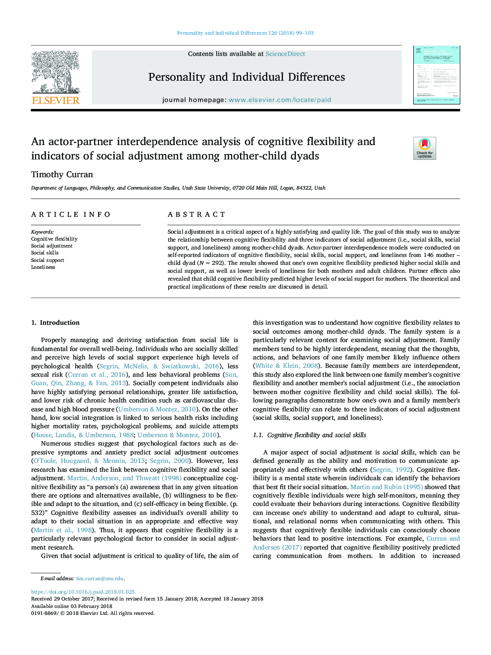 An actor-partner interdependence analysis of cognitive flexibility and indicators of social adjustment among mother-child dyads