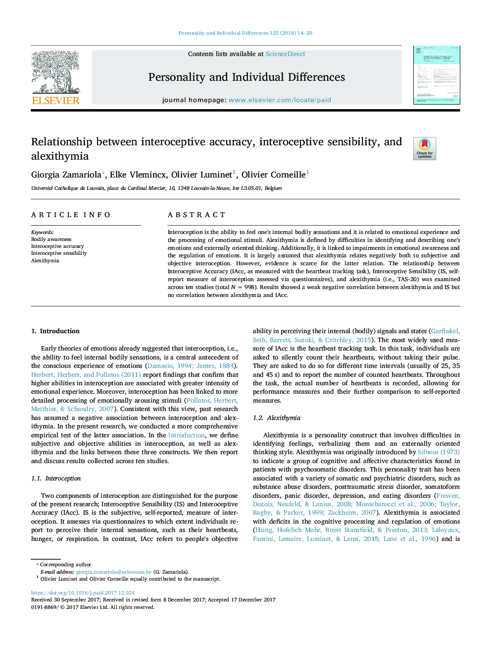 Relationship between interoceptive accuracy, interoceptive sensibility, and alexithymia