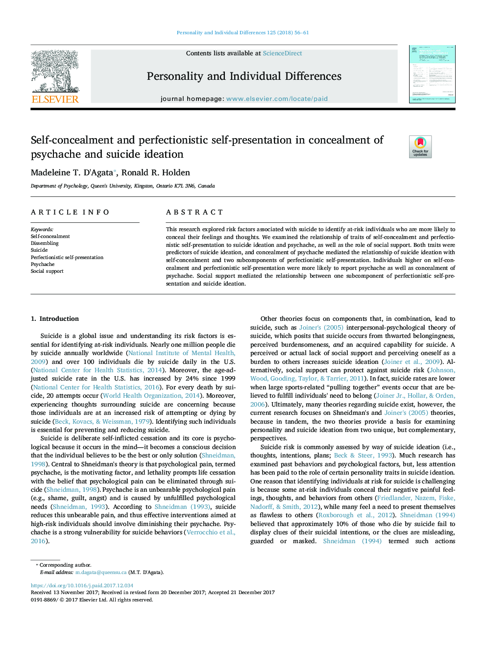 Self-concealment and perfectionistic self-presentation in concealment of psychache and suicide ideation