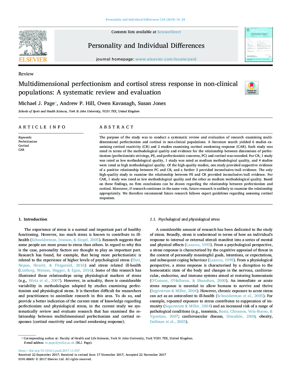 کمال گرایی چند بعدی و پاسخ استرس کورتیزول در جمعیت های غیر بالینی: بازبینی و ارزیابی سیستماتیک 