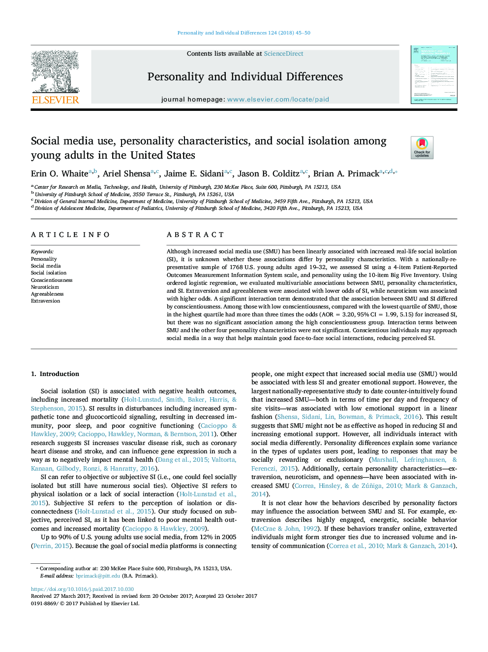 Social media use, personality characteristics, and social isolation among young adults in the United States