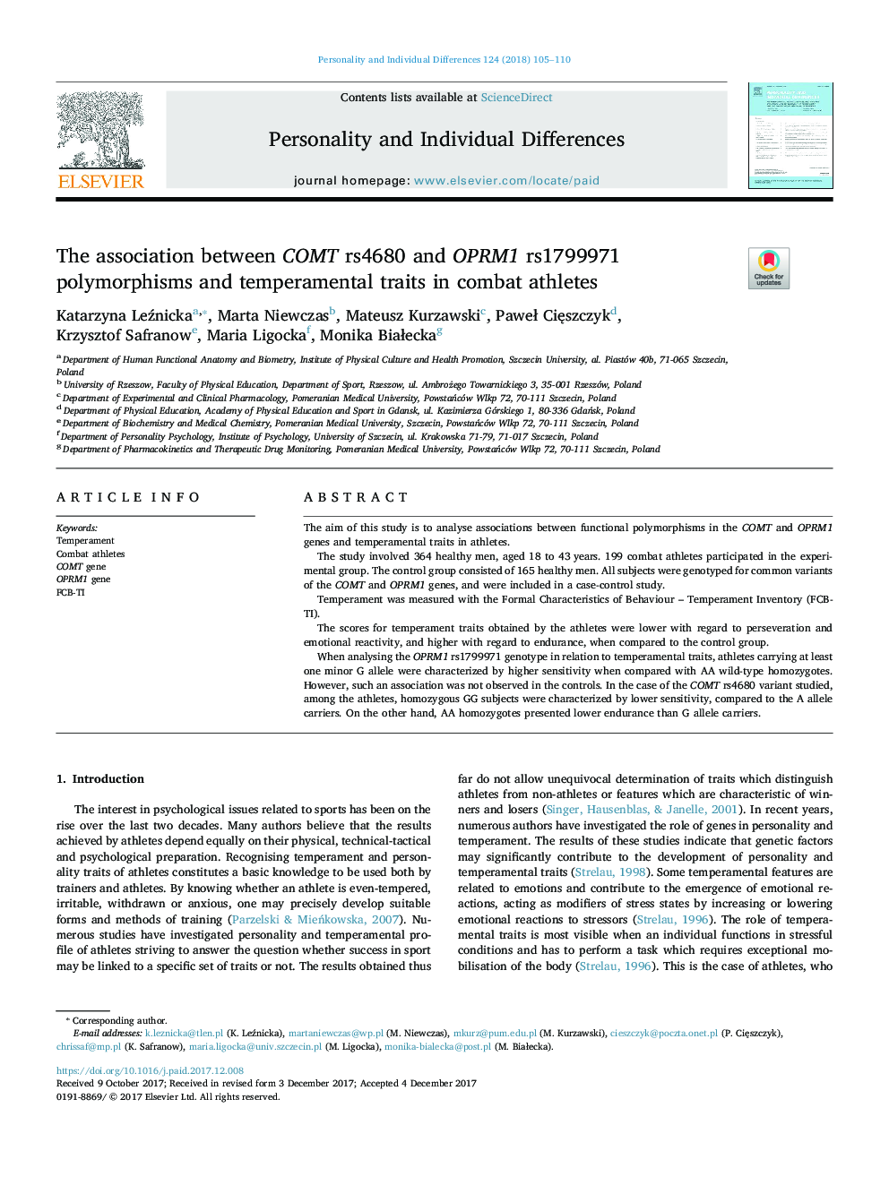 The association between COMT rs4680 and OPRM1 rs1799971 polymorphisms and temperamental traits in combat athletes