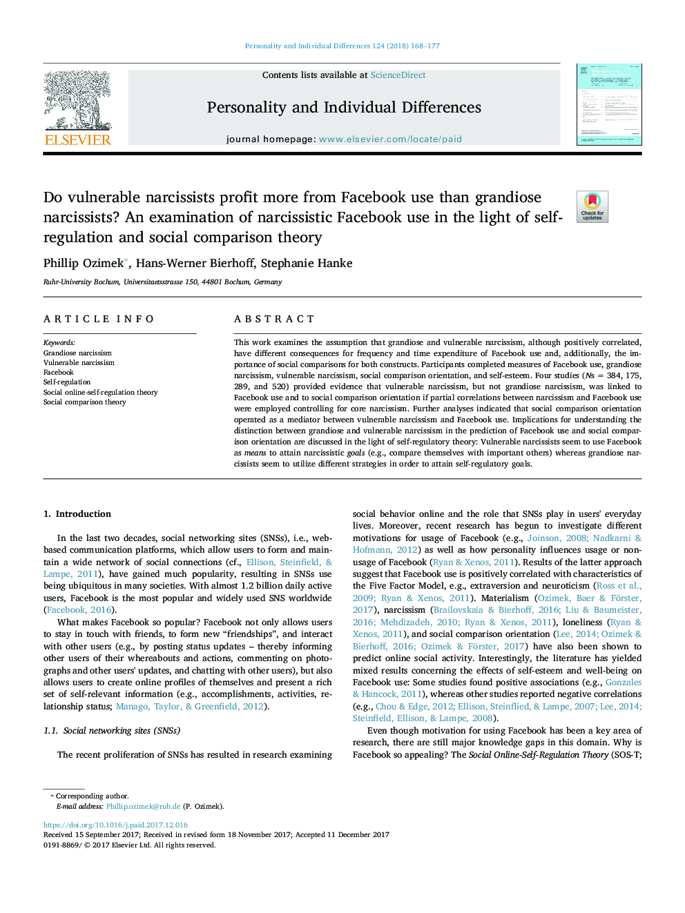 Do vulnerable narcissists profit more from Facebook use than grandiose narcissists? An examination of narcissistic Facebook use in the light of self-regulation and social comparison theory