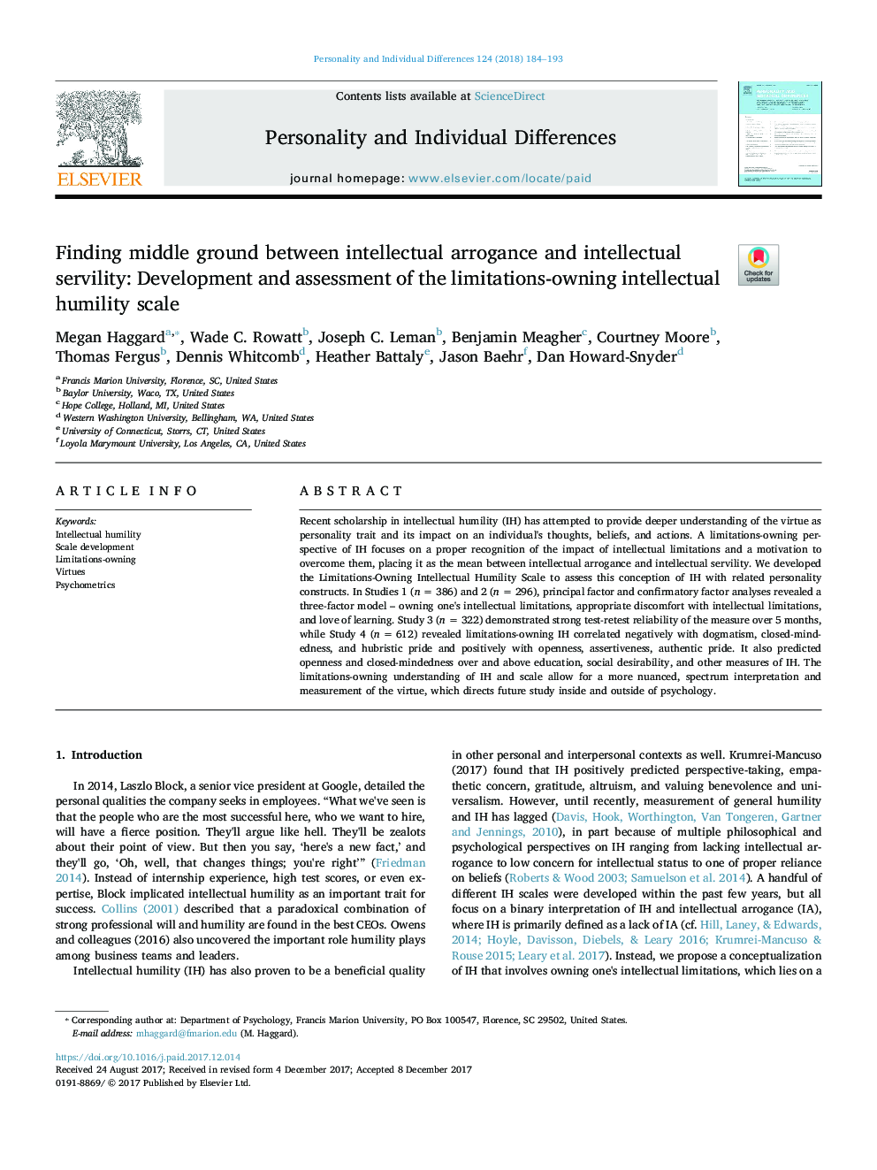 Finding middle ground between intellectual arrogance and intellectual servility: Development and assessment of the limitations-owning intellectual humility scale