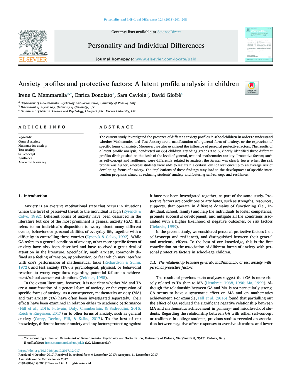 Anxiety profiles and protective factors: A latent profile analysis in children