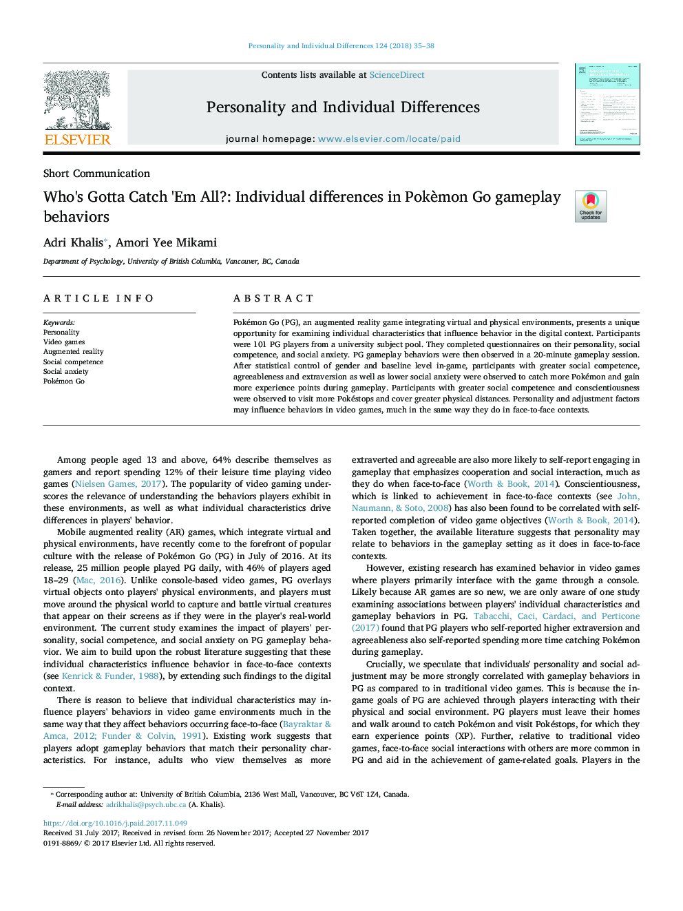 Who's Gotta Catch 'Em All?: Individual differences in PokÃ¨mon Go gameplay behaviors