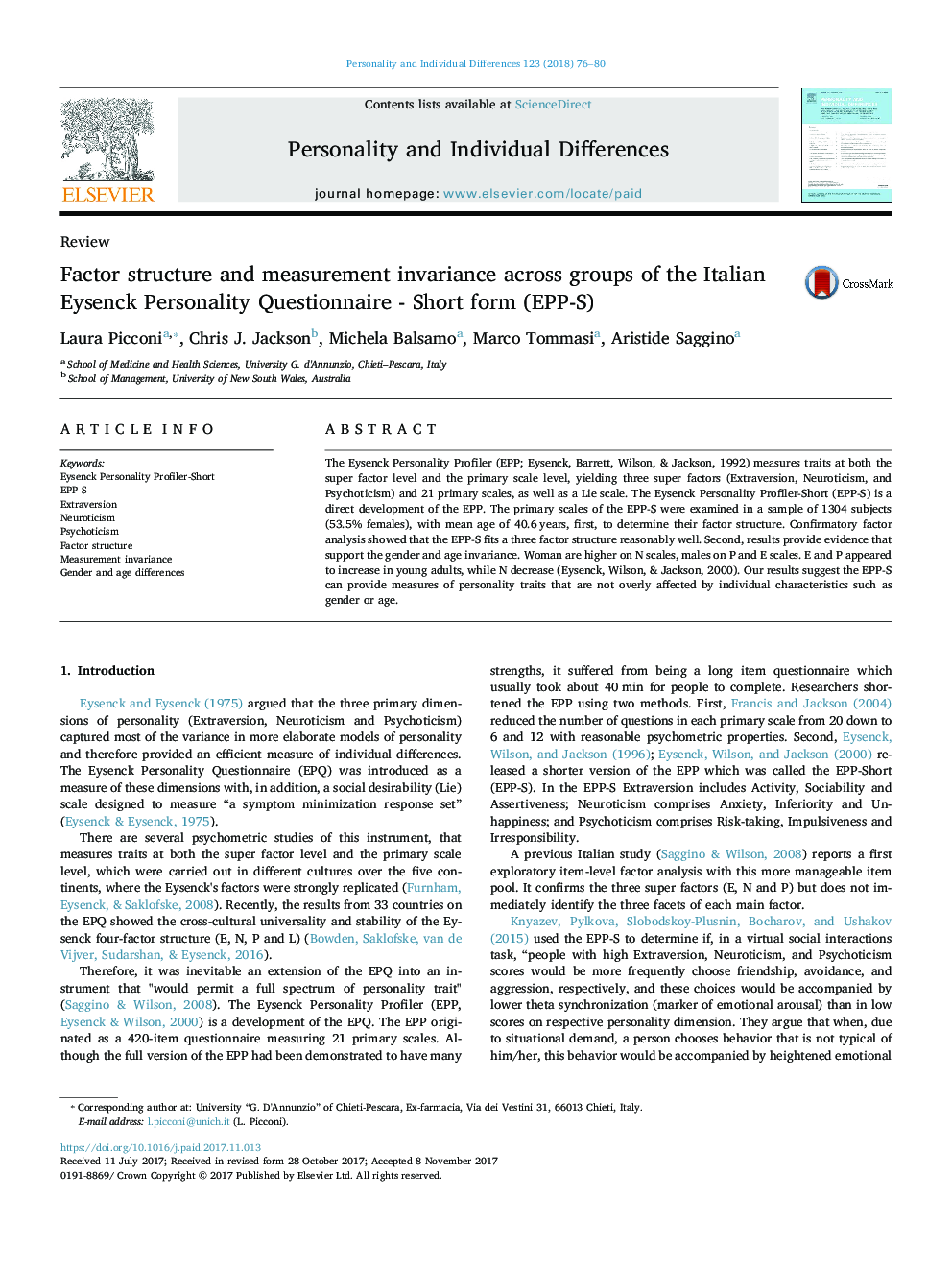 Factor structure and measurement invariance across groups of the Italian Eysenck Personality Questionnaire - Short form (EPP-S)