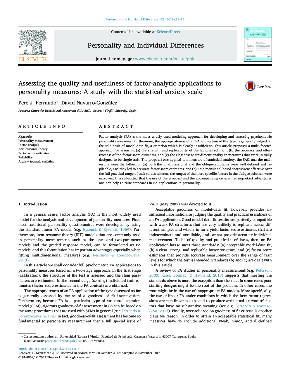 ارزیابی کیفیت و سودمندی برنامه های کاربردی تحلیل عاملی به اقدامات شخصی: مطالعه ای با مقیاس اضطراب آماری 