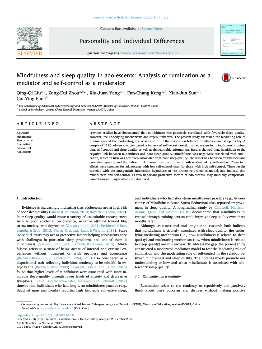 Mindfulness and sleep quality in adolescents: Analysis of rumination as a mediator and self-control as a moderator