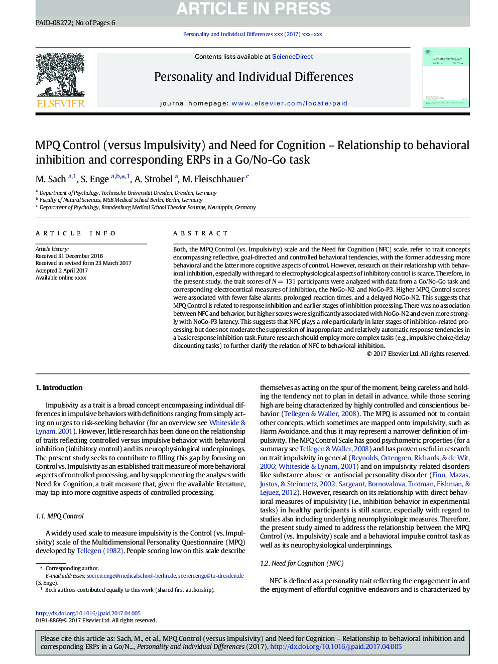 MPQ Control (versus Impulsivity) and Need for Cognition - Relationship to behavioral inhibition and corresponding ERPs in a Go/No-Go task
