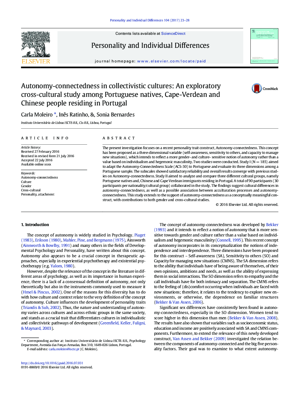 Autonomy-connectedness in collectivistic cultures: An exploratory cross-cultural study among Portuguese natives, Cape-Verdean and Chinese people residing in Portugal