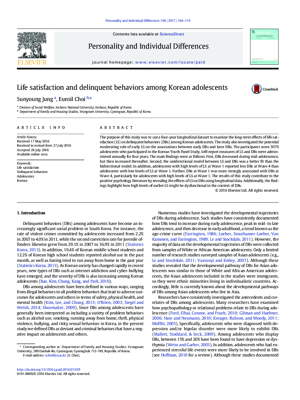 Life satisfaction and delinquent behaviors among Korean adolescents