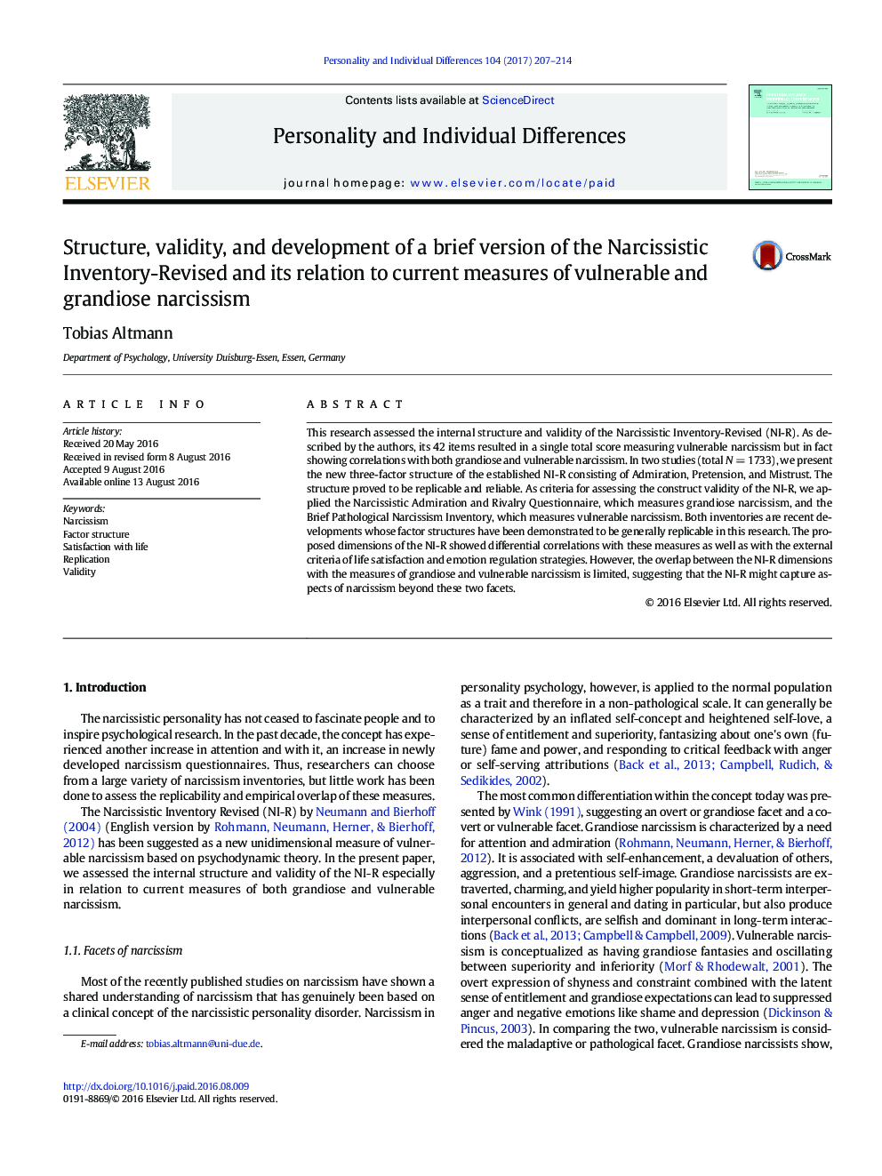 Structure, validity, and development of a brief version of the Narcissistic Inventory-Revised and its relation to current measures of vulnerable and grandiose narcissism